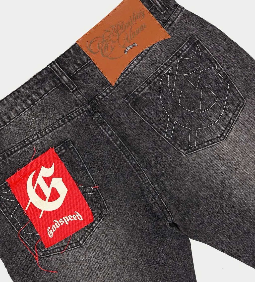 Godspeed OG Logo Flared Denim Stitched Grey Wash